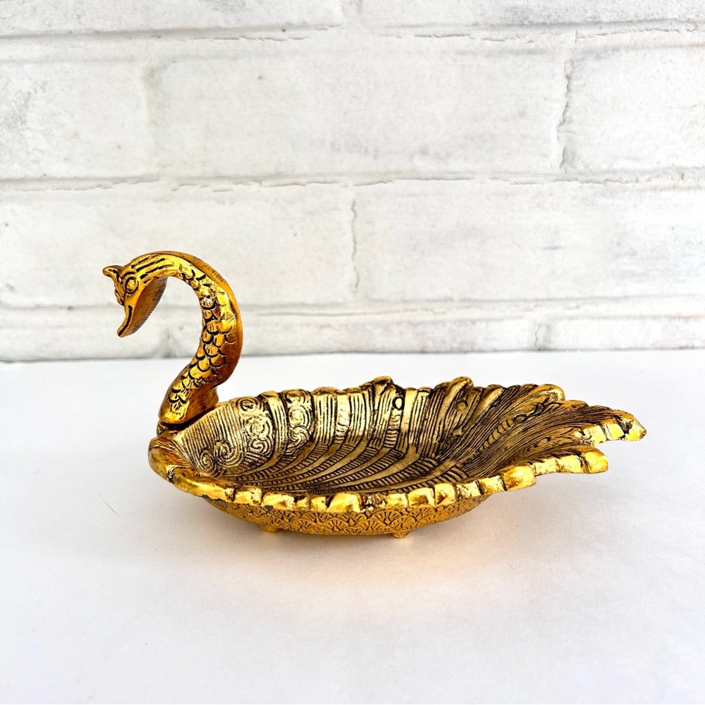 Golden Swan Trinket Dish Chocolate Tray Hollywood Recency Style Brass Vintage